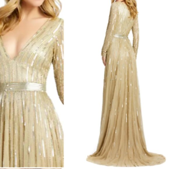 MAC DUGGAL LONG SLEEVE SEQUIN & BEAD STRIPE TAUPE GOWN sz 6 - Picture 2 of 6